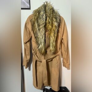 Express Camel Trench Coat with Faux Fur Collar